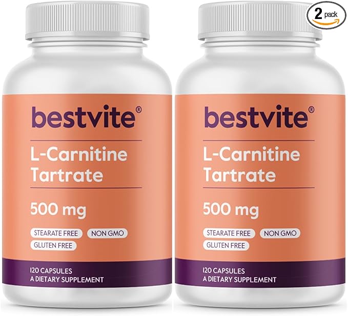 BESTVITE L-Carnitine Tartrate 500mg per Capsule (240 Capsules)(120x2) - No Stearates - Non GMO - Gluten Free