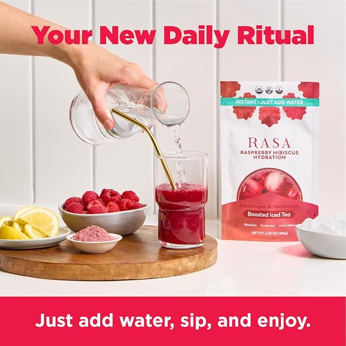 Rasa Raspberry Hibiscus Hydration | Organic Boosted Iced Tea with Adaptogens and Mushrooms | Gluten-Free, Premium Electrolyte Powder Drink Mix, Refreshing Hydration (6 oz / 24 Servings)