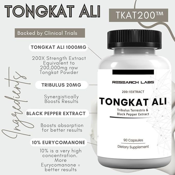 Research Labs Longjack Tongkat Ali Extract Capsules 200x Strength | 200,000 mg | Strength, Drive, Performance & Muscle Mass