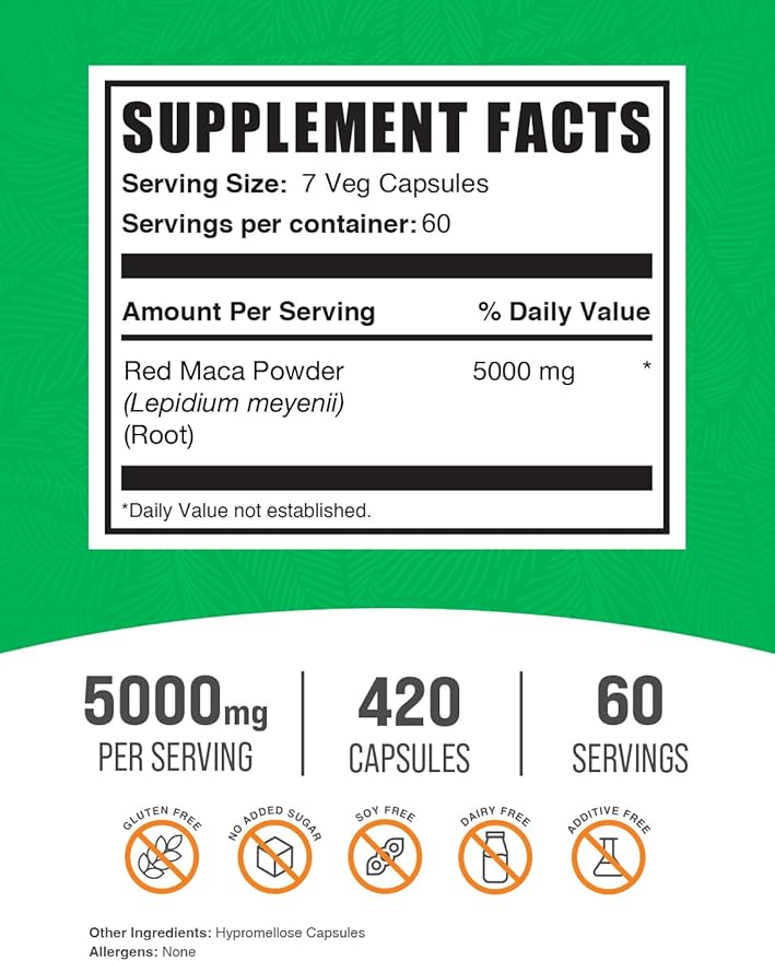 BulkSupplements.com Red Maca Capsules - Maca Supplement, Red Maca 5000mg, Red Maca Root - Vegan & Gluten Free, 7 Capsules per Serving, 420 Count (Pack of 1)