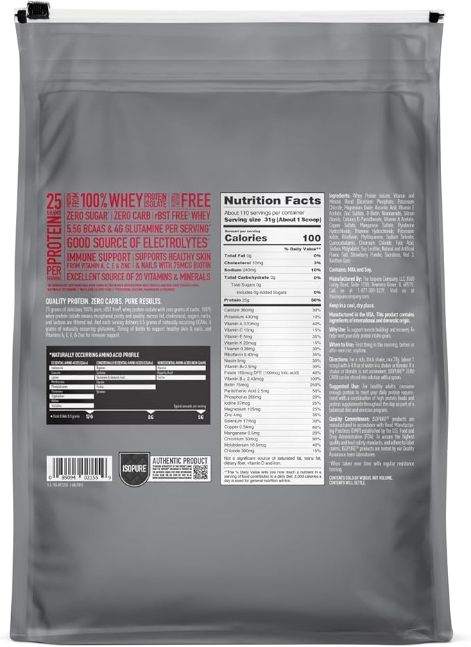 Isopure Zero Carb 100% Pure Whey Isolate Protein Powder, Lactose Free, Gluten Free, With Vitamins, Strawberries & Cream, 25g Protein Per Serving, 7.5 Lbs, 110 Servings