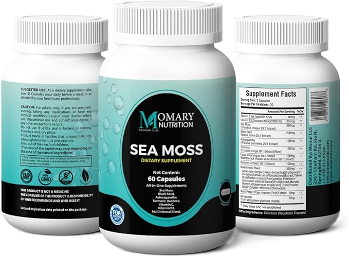 Sea Moss, Black Seed, Ashwagandha, Turmeric, Burdock, Vitamin C, Vitamin B3, Multimineral Blend, All-in-One Supplement for Men and Women, Vegan, Gluten Free, Non-GMO, 60 Capsules