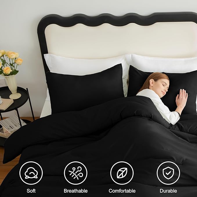 CozyLux Comforter Full Size Set Black, 3 Pieces Solid Lightweight Soft Bed Set for All Season, Luxury Breathable Quilted Style Microfiber Down Alternative Bedding Sets (1 Comforter & 2 Pillowcases)