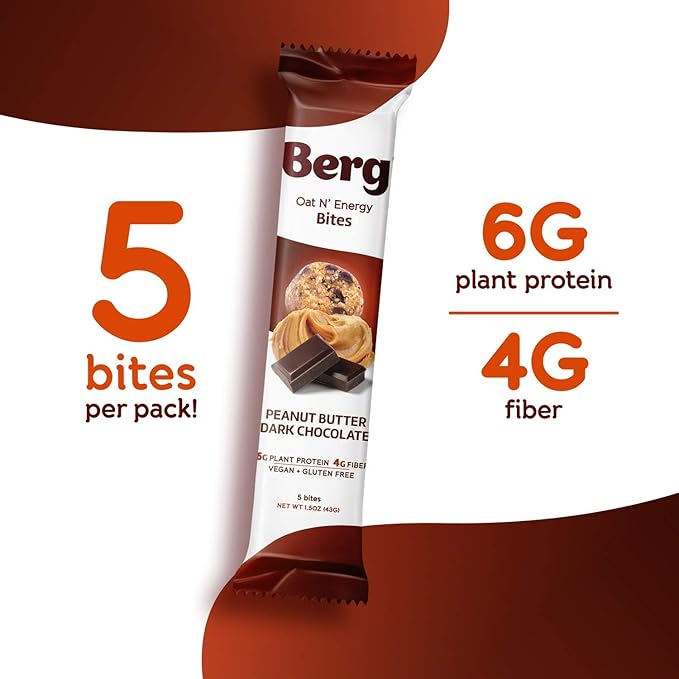 Berg Oat N' Energy Bites - Peanut Butter & Dark Chocolate - Non-GMO, Gluten Free, Dairy Free, Soy Free and Vegan - Clean Energy Snack - 1.5oz, (8 Pack)