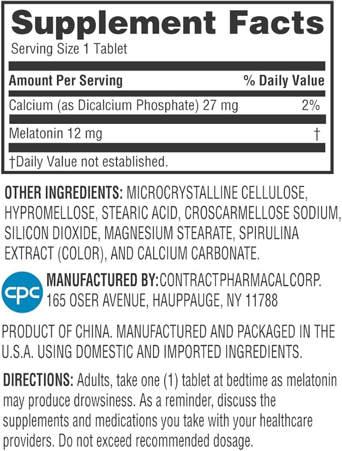 Earth's Splendor Melatonin 12 MG Bilayer Tablets, Sleep Aid Supplement, 60 Count - 2 Month Supply Melatonin