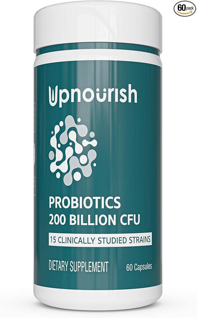 UpNourish Probiotics - 200 Billion CFUs for Men and Women, 15 Clinically Studied Strains, Prebiotics & Enzymes - 60 Vegan Capsules