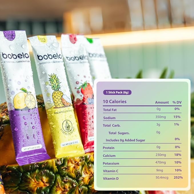 BOBELO CARBONATION Flavor Packets - Trial Pack, 3 of Each Flavor, Tropical Bliss, Mountain Berries, Lavender Lemonade & Orchard Breeze, Self Carbonating Hydration Electrolyte Drink Mix, Real Fruit