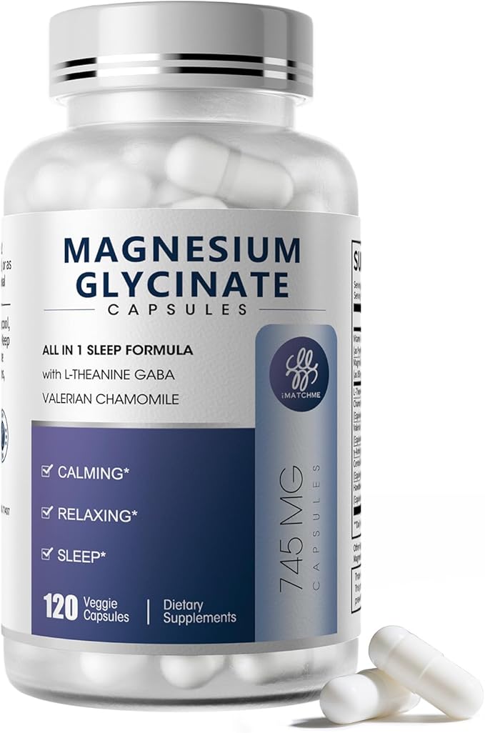Magnesium Glycinate Complex with L-Theanine, Chamomile & GABA, Magnesium Supplement Supports Sleep, Calmness, Muscle Relaxation for Men & Women – Vegan, High-Absorption, 120 Capsules