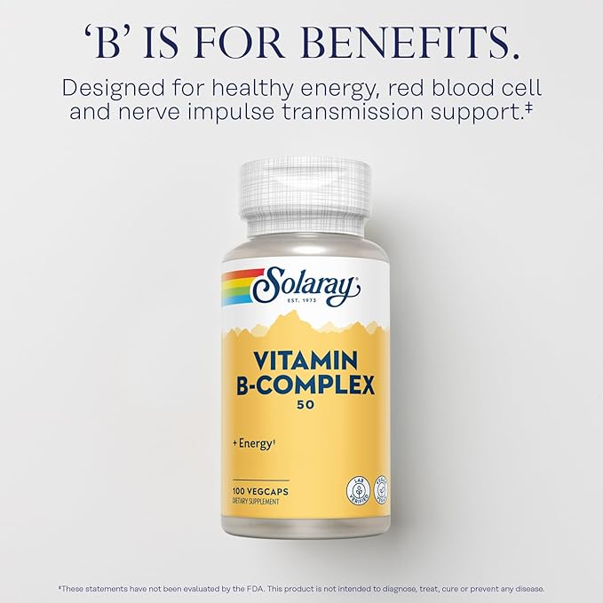 SOLARAY Vitamin B Complex 50 mg - Cellular Energy Vitamins - Metabolism and Nerve Health Support with Vitamin B12, Vitamin B1, B6, Niacin, Folic Acid, Biotin and Other B Vitamins - Vegan, 100 VegCaps