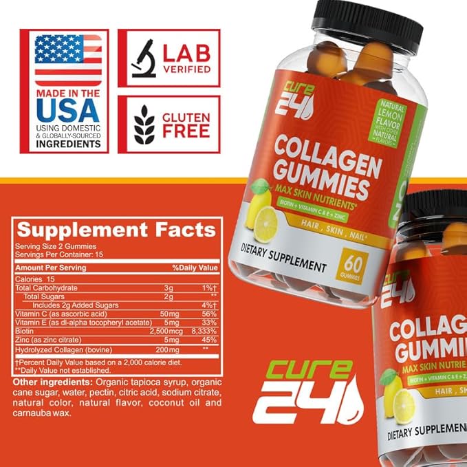 Collagen Gummies with Zinc, Vitamin C and Biotin, Collagen Peptides Supplement Promotes Hair, Nail, Skin, Bone and Joint Health Support, Made in USA 60 Gummies