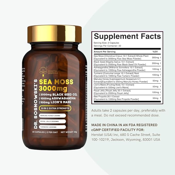 Dr Sosnowski's BioActive Sea Moss | 8-in-1 Formula Enriched with Black Seed, Ashwagandha, Turmeric, Manuka Honey, Lion's Mane, Royal Jelly, Bee Propolis Extract | 60 Capsules
