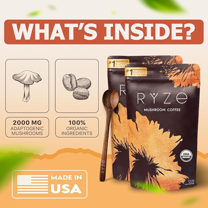 RYZE SUPERFOODS Mushroom Coffee Starter Kit, USDA Organic Instant Coffee with 6 Adaptogenic Mushrooms and MCT Oil for Better Energy, Focus, Digestion, Immunity with Lions Mane & Turkey Tail 60 serving