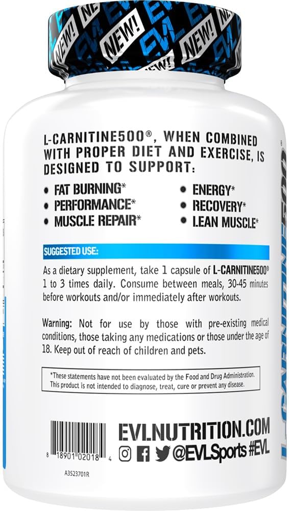 Evlution EVL L-Carnitine Supplement for Weight Loss Support - L carnitine 500mg Diet Pills for Weight Loss Lean Muscle Growth and Fat Burning Support with Stimulant Free L Tartrate - 120 Servings