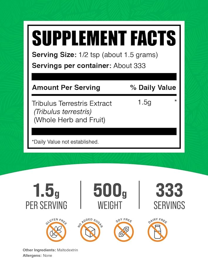 BulkSupplements.com Tribulus Terrestris Extract Powder - Tribulus Terrestris Supplements, Tribulus Terrestris Powder - Herbal Supplement, 1500mg per Serving, 500g (1.1 lbs) (Pack of 1)