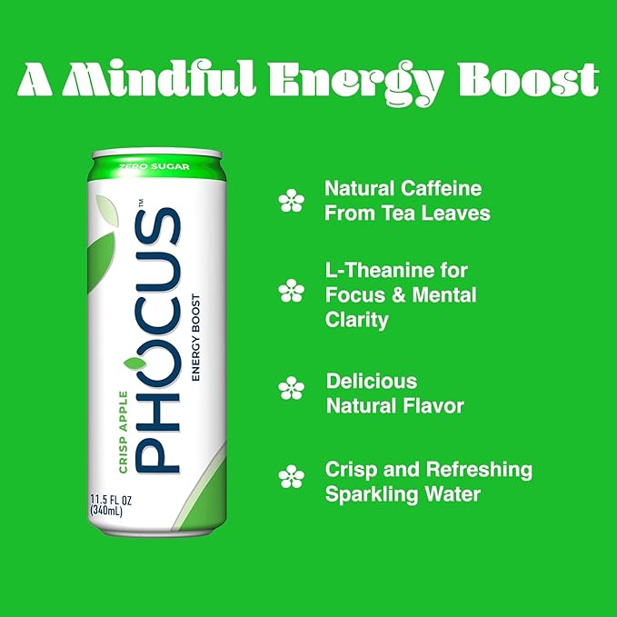 PHOCUS Energy Drink, Crisp Apple Sparkling Water, 75mg Natural Caffeine Plus L-Theanine, Zero Sugar, Zero Calories, No Artificial Sweeteners, 11.5 fl oz Cans (Pack of 12)