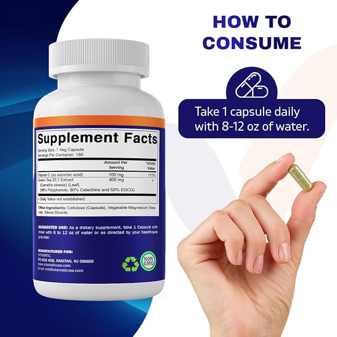 Vitamatic Green Tea Extract with Vitamin C, 25X Concentrate, 98% Polyphenols, 80% Catechins, 50% EGCG, 180 Veg Capsules