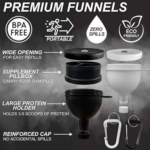 Small & Large 2-Pack | Portable Protein Powder Water Bottle Funnel | Perfect for Pre-Workout, BCAA's, and Protein Powder | Keychain Water Bottle Supplement Container to-Go