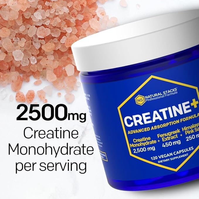 Creatine Monohydrate - 2500mg Creatine Pills - 450mg Fenugreek Extract & 250mg Himalayan Pink Salt - Supports Brain Health, Endurance & Muscle Building - Advanced Absorption Formula - 120 Capsules