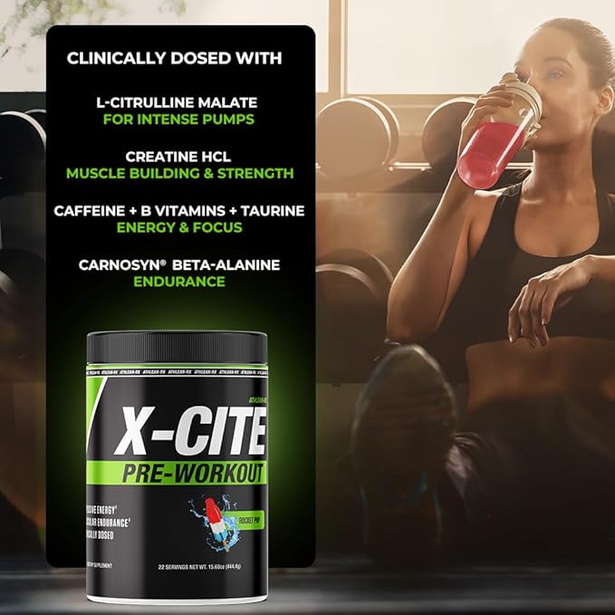 ATHLEAN-X X-CITE Pre-Workout Supplement - Boost Energy, Endurance, and Focus with Natural Ingredients - Rocket Pop