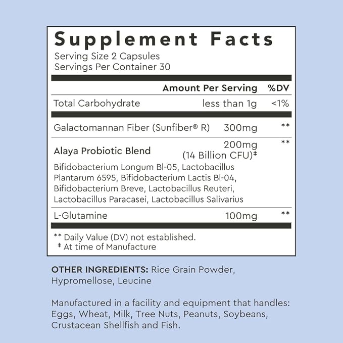 Alaya Naturals Advanced Synbiotic - Probiotic + Prebiotic - 14 Billion CFU Delayed Release Probiotic Supplement with Prebiotics from Sunfiber®, and L-glutamine for Gut Lining Integrity - 60 Capsules