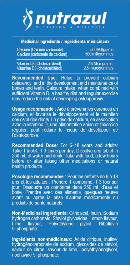 nutrazul Calcium + Vitamin D3 Effervescent Tablets | 20 Tablets | Supports Bone Health & Maintenance | for Adults & Kids | Lemon-Lime Flavor