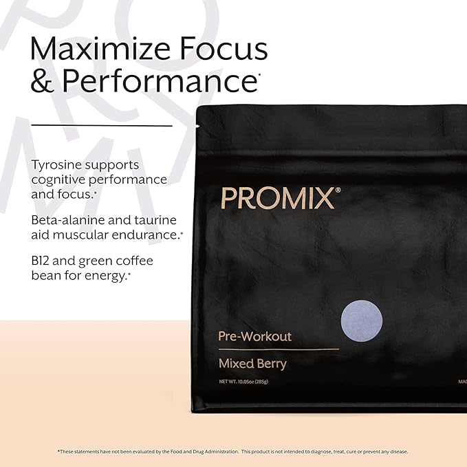 Promix Pre-Workout Powder, Mixed Berry - Maximize Focus & Performance - Helps Muscle Gain, Endurance & Enhanced Energy - Vitamin B12, Caffeine, Beta-Alanine & L-Tyrsosine - Gluten & Dairy-Free