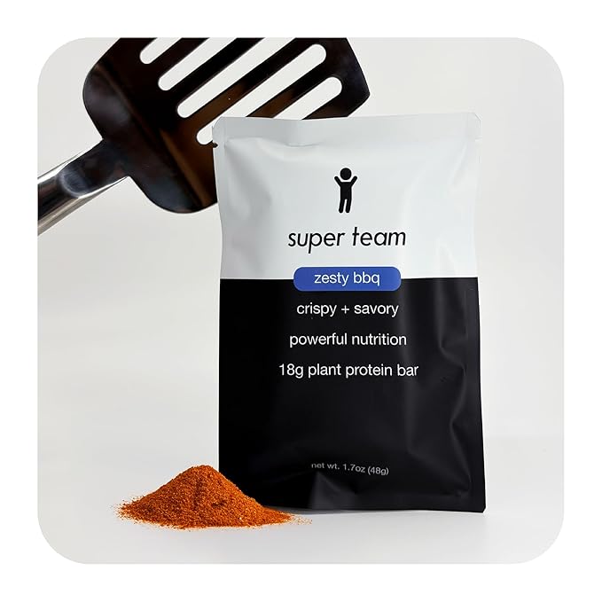Super Team Savory + Crispy Protein Bars - Zesty BBQ - 12-Count Snack Bars - High Protein (18g), High Fiber (7g), Low Sugar (1g) - Gluten Free, Nut Free, Soy Free, Vegan Plant Based Meal Replacement