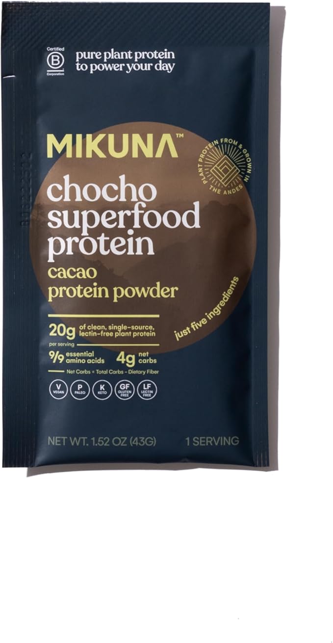 Mikuna Chocho Superfood Protein, Plant-Based Protein Powder - Vegan, Gluten Free, 3g Net Carbs or Less, and Bioavailable, Non-Isolate (8 Servings, Cacao)