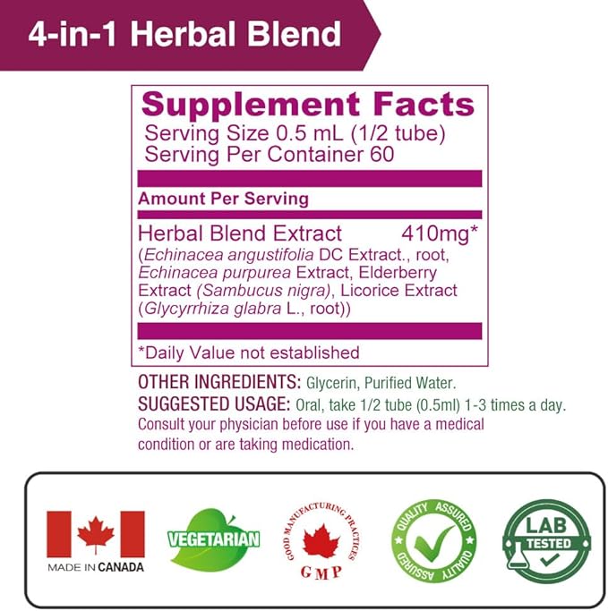 Lovita Echinacea Extract Liquid | 1 FL OZ | 350 mg per Serving | Concentrated Herb Tincture | Vegan | Alcohol-Free | with Elderberry and Licorice Extract