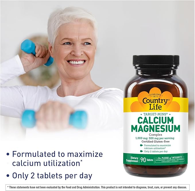 Country Life Target-Mins Calcium Magnesium Complex 1000mg/500mg, 90 Tablets, Certified Gluten Free, Certified Vegan, Certified Non-GMO Verified