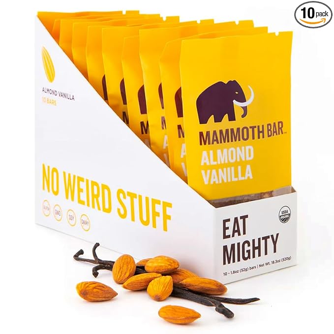 Mammoth Bar Almond Vanilla Bar - 10 Organic Protein Bars – Prebiotic • Paleo • Gluten Free • Egg Protein • GMO Free • Raw • Premium Nuts