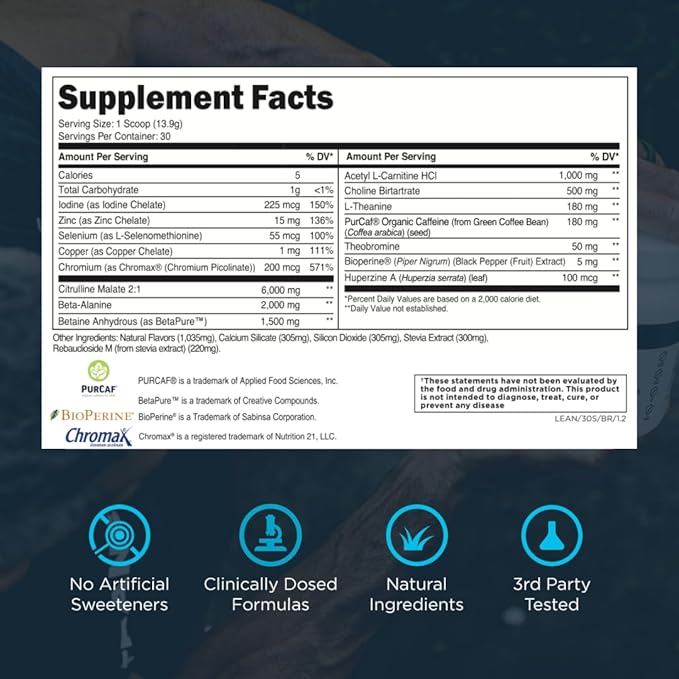 Transparent Labs Lean Pre-Workout - Body Recomposition Pre Workout for Men and Women with Acetyl L-Carnitine, Beta Alanine Powder, & PurCaf Organic Caffeine Powder - 30 Servings, Blue Raspberry