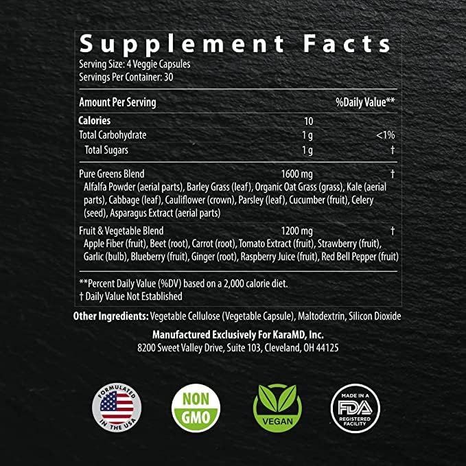 KaraMD Pure Nature | Greens, Fruit and Veggies Supplement | Vitamins, Fiber & Antioxidants | 20 Fruits and Vegetables Supplements for Energy & Digestion | Gluten Free & Vegan Friendly (30 Servings)