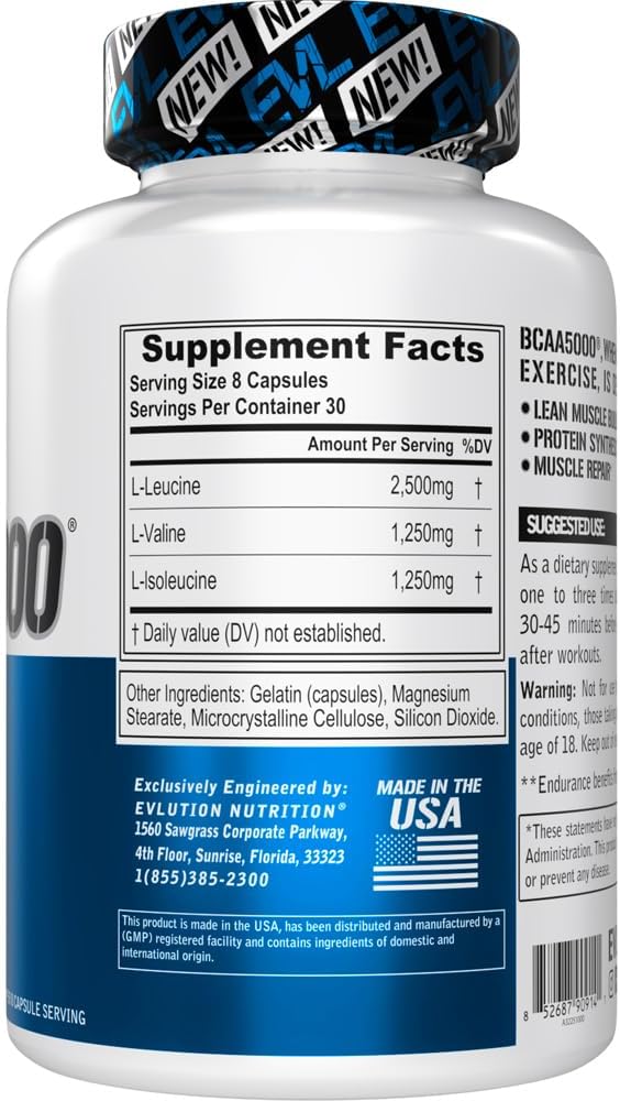 BCAAs Amino Acids Supplement for Men - EVL 2:1:1 5g BCAA Capsules for Post Workout Recovery and Lean Muscle Builder for Men - BCAA5000 Branched Chain Amino Acids Nutritional Supplement - 30 Servings