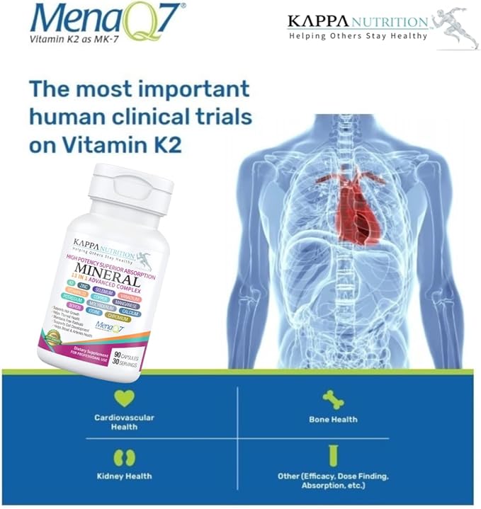 KAPPA NUTRITION (90 Capsules,Vitamin K2, Vitamin D3, Zinc, Selenium, Vanadium, Copper, Manganese, Potassium, Molybdenum, Calcium, Chromium, Iodine, Boron, Mineral 13 in 1 Advanced Complex, from
