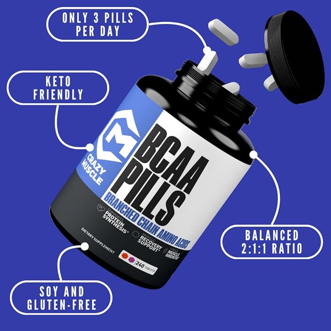 Crazy Muscle 3000mg BCAA Pills (2 Month Supply) with The Optimum 2:1:1 Ratio of Branched Chain Amino Acids for Recovery and Growth - 1000mg BCAAs per Pill (More Than BCAA Capsules) - 240 Tablets