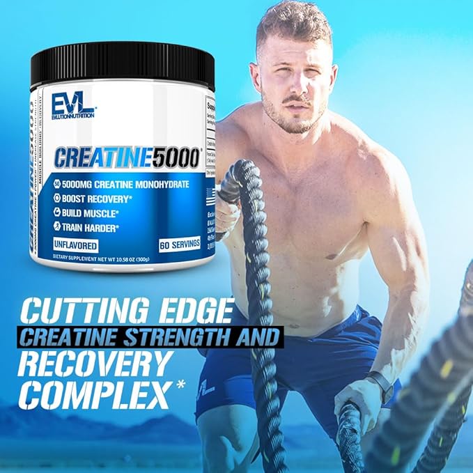 Evlution Nutrition Creatine 5000 - Supports Faster Recovery, Lean Muscle Growth & Performance - Pre & Post Workout Powder - 5000mg Pure Creatine Monohydrate Per Serving - 60 Servings - Unflavored