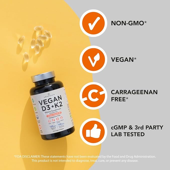 Vegan Powerhouse Combo. Omega-3 from Algal Oil & Vitamin D3 + K2. Plant-Based 5000 iu VIT D from Algae. 100 mcg All-Trans MK-7 Vita K. Carrageenan Free Veggie Softgels.
