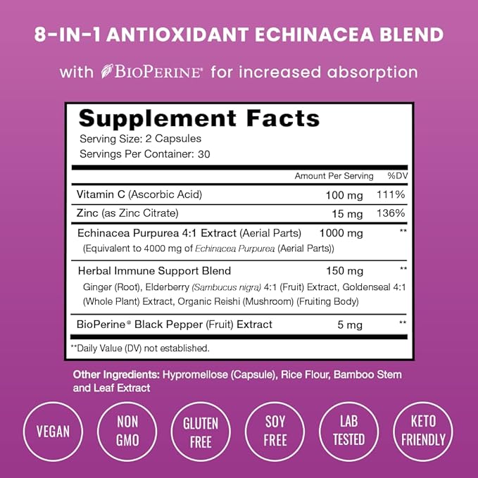 NutraChamps Echinacea Capsules 1000mg - 8-in-1 Immune Support Supplement - Echinacea Goldenseal, Vitamin C, Zinc, Ginger, Elderberry - 60 Capsules