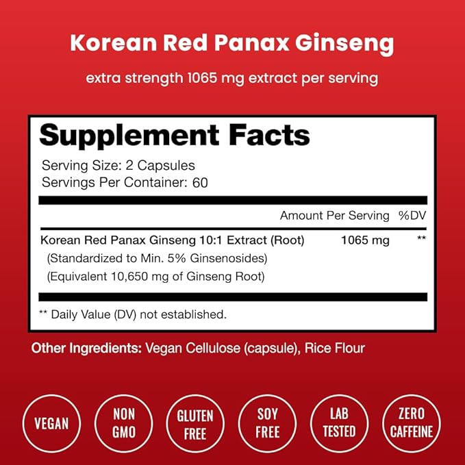 NutraChamps Korean Red Panax Ginseng Capsules | Extra Strength Ginsenosides for Energy, Focus, Performance, Vitality & Immune Support | Korean Ginseng Root Extract (120, Red)