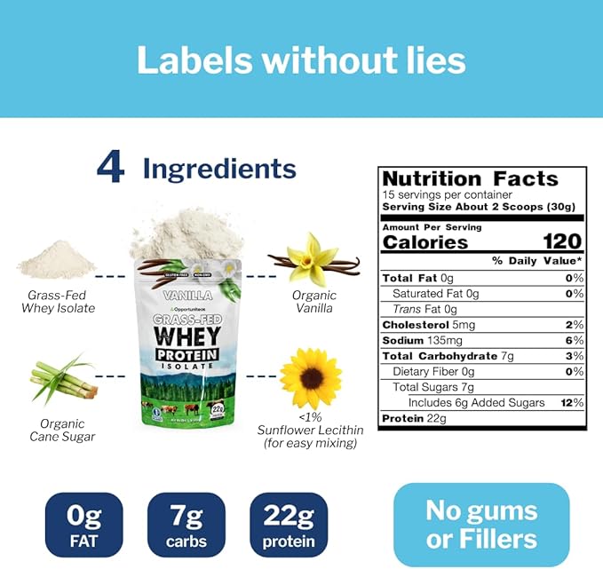 Opportuniteas Grass Fed Vanilla Whey Protein Isolate Powder - 22g Protein Powder Without Artificial Sweeteners, Hormone-Free Cows, Non GMO - 1lb