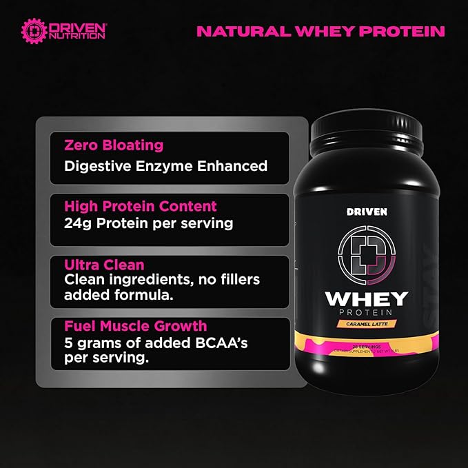 Driven WHEY- Grass Fed Whey Protein Powder: Delicious, Clean Protein Shake- Improve Muscle Recovery with 23 Grams of Protein with Added BCAA and Digestive Enzymes (2 lb, Caramel Latte)