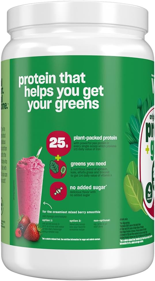 Vega Protein and Greens Protein Powder, Berry - 20g Plant Based Protein Plus Veggies, Vegan, Non GMO, Pea Protein for Women and Men, 1.3 lbs