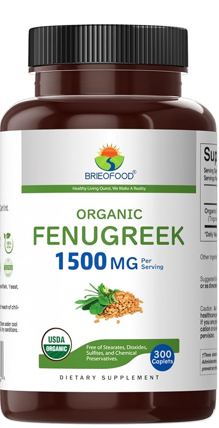 Brieofood Organic Fenugreek 1500mg, 150 Servings, Vegetarian, Gluten Free, 300 Vegetarian Tablets