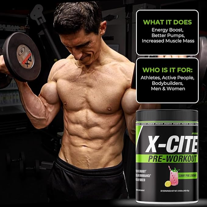 X-CITE Pre-Workout by ATHLEAN-X - Enhanced Formula with Beta-Alanine, Creatine & Caffeine for Ultimate Energy, Endurance, Focus & Muscle Pump, NSF Certified (22 Servings, Sunny Pink Lemonade)