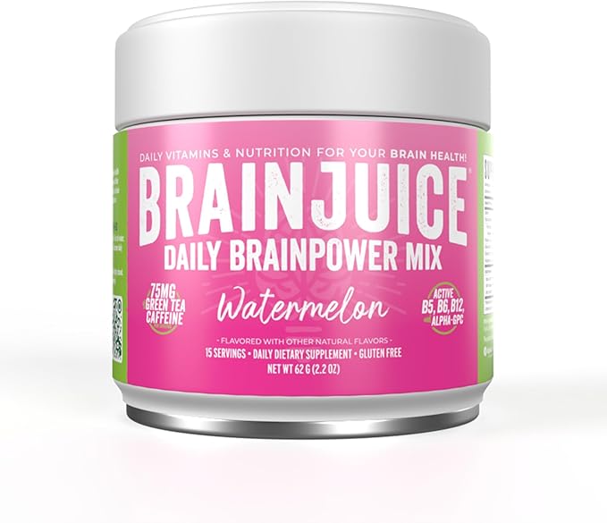 BrainJuice Nootropics Brain Support Supplement, Gluten Free Powder for Energy and Focus, Drink Mix with L Theanine, Alpha GPC, Vitamin B, Organic Green Tea Extract Caffeine, Watermelon, 15 Servings