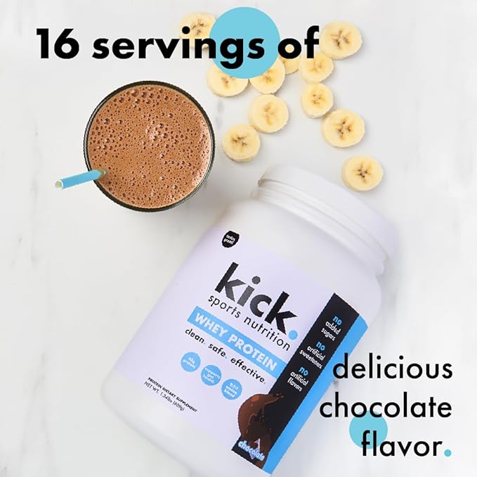Kick Whey Protein Powder, Chocolate Flavor, 25 G Protein Gluten Free Workout Supplement with Amino Acids to Support Fitness Goals & Gut Health, No Added Sugar, No Artificial Flavor, 16 Servings