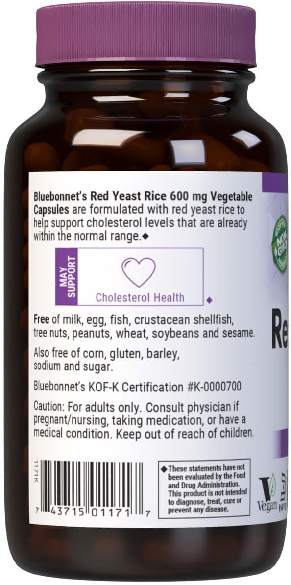 Bluebonnet Nutrition Red Yeast Rice 600 mg, Heart Health*, Non-GMO, Vegan, Kosher Certified, Gluten-Free, Soy-Free, Dairy-Free, 120 Vegetable Capsules, 120 Servings