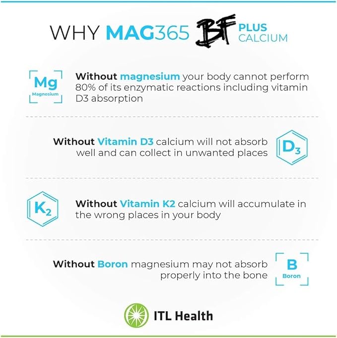 ITL Health BF Plus Calcium Zinc Magnesium Powder with D3, K2, C, B6, Boron, Zinc and Potassium | for Optimal Bone Health, and Immune Support (Unflavored, 360g)