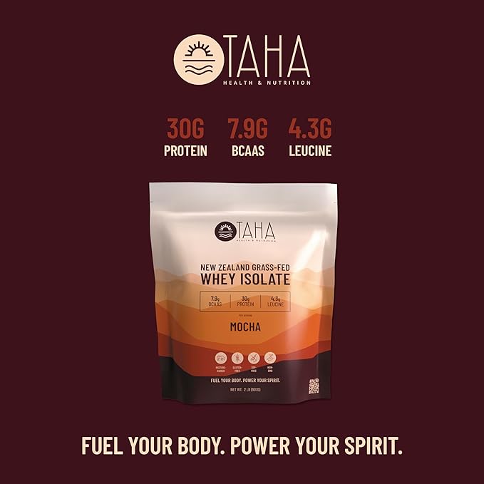 Taha Health & Nutrition Mocha Whey Protein Isolate Powder, 30g Protein, 7.9g BCAAs, 4.3g Leucine | New Zealand Free-Range, Grass-Fed Dairy | Gluten-Free, Keto, Kosher | 2LB, 24 Servings